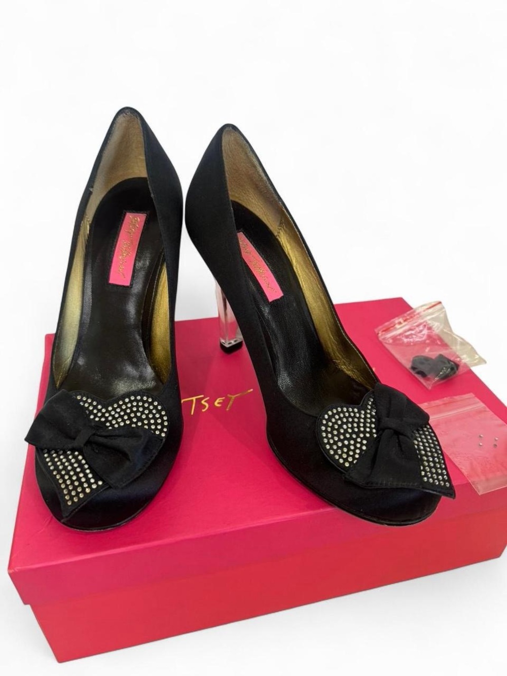 Betsey Johnson Black Satin Bow Peep-Toe Pumps with Rhinestones